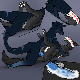 anal anal_penetration animal_genitalia anthro blue_body blue_fur blue_penis bodily_fluids cum cum_inside cybernetics digitigrade duo ejaculation erection eyeless feet from_front_position fur genital_fluids genital_slit genitals glans grey_body grey_fur kissing knot knot_pressing_prostate knotted_penis knotting licking_tongue lying machine male male/male missionary_position on_back paws penetration penis prostate prostate_stimulation prostate_with_heart sex tail white_penis anonymous_artist azrann_avana_(character) briggs_(theroboticdragon) clodespin_(species) 1:1 hi_res