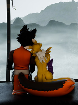 anthro black_body black_hair butt clothed clothing duo ear_piercing ear_ring female fur hair male male/female piercing ring_piercing tail white_body white_fur yellow_body yellow_fur cynthiaacid valorlynz_(modeler) warfaremachine_(modeler) arknights bandai_namco digimon hypergryph studio_montagne aak_(arknights) canid canine digimon_(species) domestic_cat felid feline felis mammal renamon 2025 3:4 3d_(artwork) absurd_res blender_(artwork) digital_media_(artwork) hi_res