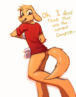 anthro bottomless bottomless_male butt clothed clothing dialogue floppy_ears fur gloves handwear male red_clothing red_shirt red_t-shirt red_topwear shirt slim_male solo t-shirt tail text topwear white_clothing white_gloves white_handwear yellow_body yellow_fur enginetrap glitch_productions the_amazing_digital_circus scratch_(tadc) bird_dog canid canine canis domestic_dog hunting_dog mammal retriever english_text hi_res
