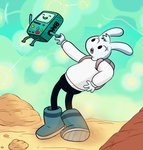 ambiguous_gender anthro black_eyes boots clothing desert duo eyebrows footwear happy long_ears machine sand shoes worried mashpotato adventure_time cartoon_network bmo y5_(adventure_time) alien lagomorph leporid mammal rabbit robot hi_res