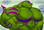 anthro big_muscles big_pecs blue_eyes fangs featureless_crotch green_body green_skin grin huge_muscles huge_pecs hyper hyper_muscles looking_at_viewer male markings muscular muscular_anthro muscular_male nude pecs purple_markings sharp_teeth smile solo teeth panscolipede anvil_(crocodile) crocodile crocodilian reptile scalie 2020 hi_res