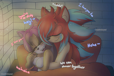after_sex after_sex_cuddling anthro bed_sheet bedding bite_mark black_nose breasts brown_body countershade_arms countershading duo eyelashes fangs female glistening glistening_nose hair highlights_(coloring) hug hugging_another laugh male open_mouth open_smile pillow pointy_ears purple_hair red_body scratch_mark smile stone_wall teeth text thick_eyelashes wall_(structure) chesiresquad sega sonic_the_hedgehog_(series) eulipotyphlan hedgehog mammal unknown_species english_text hi_res watermark