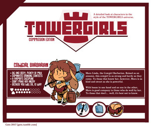 anthro axe barbarian barrel big_breasts breasts brown_body brown_fur brown_hair cleavage clothed clothing eyelashes female freckles fur hair heart_symbol horn huge_breasts long_hair melee_weapon red_hair smile text weapon gats las_lindas towergirls mora_linda bovid bovine cattle mammal 2017 crossover english_text url