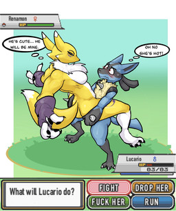 3_fingers abs anthro armwear biceps big_breasts biped black_body black_claws black_eyebrows black_fur black_nose black_pawpads black_sclera blue_body blue_eyes blue_fur blush blush_lines bodily_fluids breast_tuft breasts bridal_gauntlets butt butt_grab carrying_another carrying_partner cheek_tuft claws clothing countershade_torso countershading curvy_figure deltoids duo eyebrows facial_markings facial_tuft female fingers frown fur gameplay_mechanics grass hand_on_butt head_markings larger_female leg_markings long_ears long_tail looking_at_another looking_down looking_up male markings mask_(marking) metal muscular muscular_female muscular_male neck_tuft nervous outside pawpads plant profanity purple_body purple_fur red_eyes serious shy simple_background size_difference sky smaller_male spikes spikes_(anatomy) spread_arms spread_legs spreading sweat sweatdrop tail tan_body tan_fur text thick_thighs thigh_markings thought_bubble tomoe_(symbol) triceps tuft white_body white_claws white_countershading white_fur wide_hips yin_yang aabramsart bandai_namco digimon nintendo oh_no_he's_hot_(meme) pokemon digimon_(species) generation_4_pokemon lucario pokemon_(species) renamon colored crossover english_text hi_res shaded