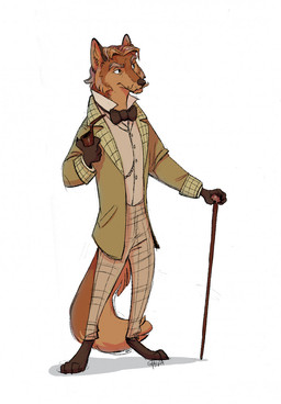 4_fingers 4_toes anthro black_claws black_nose bottomwear bow_tie brown_body brown_fur cane claws clothed clothing eyebrows facial_hair feet fingers fur hair holding_object inner_ear_fluff jacket male multicolored_body multicolored_fur mustache pants shirt smoking_pipe solo standing tail tan_eyebrows tan_hair tan_inner_ear_fluff tan_mustache toes topwear tuft sfaira canid canine fox mammal hi_res shaded