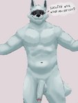 anthro balls black_eyebrows black_nose black_sclera bodily_fluids dialogue eyebrows foreskin fur genital_fluids genitals grey_body grey_fur grey_inner_ear humanoid_genitalia humanoid_penis looking_at_viewer male navel nude outstretched_arms pecs penis pink_background precum red_eyes simple_background smile solo standing text vein veiny_penis white_body white_fur lyrobr dreamworks puss_in_boots_(franchise) death_(puss_in_boots) canid canine canis mammal wolf 3:4 english_text hi_res