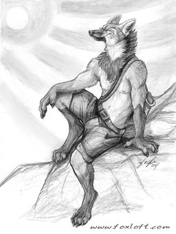 anthro clothed clothing eyes_closed eyewear glasses male outside solo sun text topless foxfeather sam_(sawolf151) canid canine mammal maned_wolf 2014 graphite_(artwork) greyscale monochrome sketch traditional_media_(artwork) url