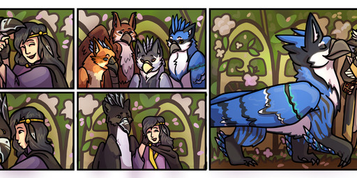 beak beard black_body black_fur blue_body blue_fur brown_body brown_fur clothing facial_hair fantasy female feral flower fur grey_body grey_fur group hat headgear headwear magic_user male plant red_body red_fur marzipan-n mythology fan_character avian gryphon human mammal mythological_avian mythological_creature absurd_res cel_shading comic hi_res multiple_scenes shaded