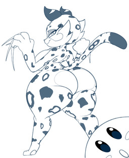 4_fingers anthro big_breasts big_butt breasts butt cat_smile claws dipstick_tail duo eyeshadow facial_tuft female fingers fur looking_at_another looking_at_viewer makeup male markings pawpads rear_view simple_background small_waist spots spotted_body spotted_fur tail tail_markings thick_thighs tuft white_background wide_hips bigdon1992 kirby_(series) kirby_and_the_forgotten_land nintendo clawroline kirby felid leopard mammal pantherine waddling_head 2022 absurd_res hi_res monochrome