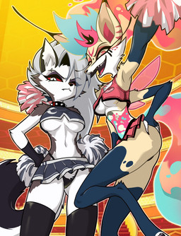 4_arms 4_fingers anthro barefoot biped black_body black_bottomwear black_clothing black_ears black_eyebrows black_fur black_gloves black_handwear black_legwear black_nose black_pawpads black_shirt black_skirt black_thigh_highs black_thong black_topwear black_underwear blue_bottomwear blue_clothing blue_shirt blue_skirt blue_topwear bottomwear breast_size_difference breasts butt cheek_tuft cheerleader_outfit clothed clothed_anthro clothed_female clothing cosmic_hair cosmic_tail crotch_tuft digitigrade duo ethereal_hair eye_through_hair eyebrow_piercing eyebrow_ring eyebrows eyelashes facial_piercing facial_tuft fangs feet female female_anthro fingerless_gloves fingers fur gloves grey_body grey_fur grey_hair hair hand_on_butt hand_on_own_butt hands_on_own_hips handwear holding_pom_poms inner_ear_fluff legwear long_eyelashes long_hair medium_breasts midriff miniskirt multi_arm multi_limb multicolored_body multicolored_bottomwear multicolored_clothing multicolored_ears multicolored_fur multicolored_hair multicolored_shirt multicolored_skirt multicolored_tail multicolored_topwear navel no_bra notched_ear open_mouth orange_body orange_ears orange_fur orange_hair orange_tail pawpads piercing pink_body pink_bottomwear pink_clothing pink_hair pink_shirt pink_skirt pink_tail pink_topwear pleated_skirt pom_poms pupils red_ears red_hair red_sclera red_tongue ring_piercing sharp_teeth shirt skimpy skindentation skirt slit_pupils snout standing tail teal_body teal_hair teal_tail teeth thigh_highs thong tongue topwear translucent translucent_hair tuft two_tone_bottomwear two_tone_clothing two_tone_ears two_tone_shirt two_tone_skirt two_tone_topwear under_boob underwear white_body white_bottomwear white_clothing white_eyes white_fur white_inner_ear white_inner_ear_fluff white_shirt white_skirt white_topwear centinel303 hellaverse helluva_boss mythology loona_(helluva_boss) queen_bee-lzebub_(helluva_boss) arthropod bee canid canid_demon canine demon hellhound hybrid hymenopteran insect mammal mythological_canine mythological_creature 2025 digital_media_(artwork) hi_res