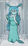 anthro big_breasts blue_eyes breasts clothed clothing dress eyewear female footwear fur hair high_heels looking_at_viewer shoes smile solo sin_teal nintendo pokemon neelu_(sin_cyan06) canid canine eeveelution fox generation_4_pokemon glaceon mammal pokemon_(species) absurd_res digital_media_(artwork) hi_res