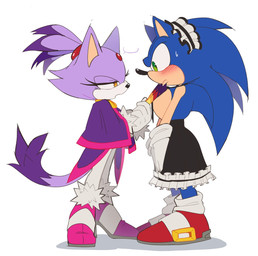 anthro blush bodily_fluids cloak clothing duo eye_contact female footwear green_eyes hair hand_fan hero high_heels lidded_eyes looking_at_another maid_apron maid_headdress maid_uniform male male/female ponytail princess royalty shoes sweat sweatdrop uniform yellow_eyes shensun sega sonic_the_hedgehog_(series) blaze_the_cat sonic_the_hedgehog domestic_cat eulipotyphlan felid feline felis hedgehog mammal hi_res