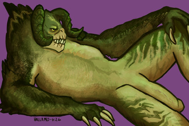 big_penis claws genitals green_body humanoid_genitalia humanoid_penis laid_down male penis pose purple_background sharp_teeth simple_background spikes teeth hallamo-h fallout microsoft deathclaw scalie 3:2 hi_res pinup