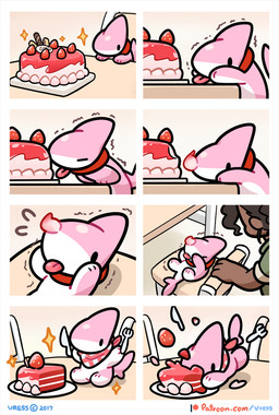 ambiguous_gender bib cake chair chibi collar cutlery daww dessert dot_eyes duo female feral food fork fruit furniture kitchen_utensils knife licking lying multicolored_body multicolored_skin on_back oops pink_body pink_skin plant pounce reaching shaking simple_eyes solo_focus strawberry table text tongue tongue_out tools two_tone_body two_tone_skin white_body white_skin vress_(artist) vress_(character) aquatic fish human mammal shark shark_puppy 2017 comic url