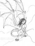 blue_eyes breasts crouching female hair horn long_hair markings membrane_(anatomy) membranous_wings non-mammal_breasts solo tail wings thea mythology dragon mythological_creature mythological_scalie scalie monochrome sketch