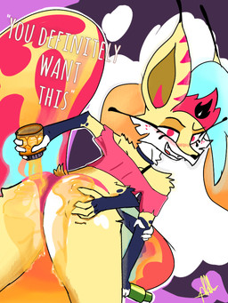 alcohol anthro beverage blush bottomless butt clothed clothing dripping drunk female food holding_butt honey_(food) looking_at_viewer panties presenting presenting_hindquarters smile smirk solo substance_intoxication underwear phillipa_neighwayer hellaverse helluva_boss queen_bee-lzebub_(helluva_boss) arthropod bee canid canine demon fox hybrid hymenopteran insect mammal 3:4