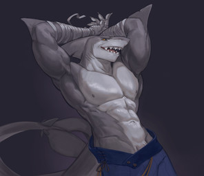 abs anthro arm_fin blue_bottomwear blue_clothing bottomwear clothed clothing earless fin genitals gills grey_body head_fin looking_at_viewer male male_anthro muscular muscular_anthro muscular_male navel nipples non-mammal_navel non-mammal_nipples notched_fin open_mouth orange_eyes pecs penis penis_base sharp_teeth simple_background solo standing tail tail_fin teeth thick_tail topless vein veiny_penis white_body wrapped_arms wraps edvardiko kuyo_(arcadegig) aquatic fish shark absurd_res hi_res portrait three-quarter_portrait