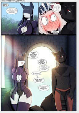 anthro armor big_breasts blush blush_lines breasts bulge cleavage cleavage_cutout clothed clothing cutout female fur group hair legwear male muscular muscular_male open_mouth pubes simple_background tail text thick_thighs trio unconvincing_armor walking wide_hips lizzard_sama fenrir_(lizzard_sama) kara_(lizzard_sama) canid canine canis domestic_cat felid feline felis mammal wolf absurd_res english_text hi_res url