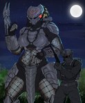 anthro armor backpack biped boob_armor breast_armor breastplate claw_(weapon) clawed_vambrace claws clothing duo female fingerless_gloves fishnet_clothing full_moon gloves grey_body grey_skin handwear headgear helmet larger_female male melee_weapon moon muscular muscular_female outside pauldron shoulder_cannon silencer size_difference sky smaller_male tassets vambrace weapon wrist_computer runawaystride predator_(franchise) alien human mammal yautja 2022 digital_media_(artwork) hi_res