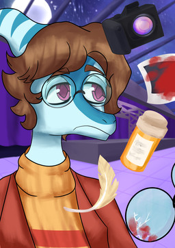 anthro blood blue_body bodily_fluids bone_frill broken_glasses brown_hair camera clothed clothed_anthro clothed_male clothing curtains detailed_background eyewear feathers frill_(anatomy) front_view frown glasses hair inside jacket male markings medium_hair moon open_clothing open_jacket open_topwear orange_clothing orange_sweater orange_topwear pill_bottle purple_eyes red_clothing red_jacket red_topwear round_glasses sad solo stage striped_markings stripes sweater topwear h0llowgraphic cavemanon_studios i_wani_hug_that_gator benjamin_mcknight dinosaur hadrosaurid ornithischian ornithopod parasaurolophus prehistoric_species reptile scalie absurd_res colored hi_res shaded