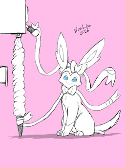 ambiguous_gender black_text dessert feral food fur ice_cream ice_cream_cone ice_cream_machine looking_at_viewer simple_background smile solo text winick-lim nintendo pokemon eeveelution generation_6_pokemon pokemon_(species) sylveon 2026 3:4