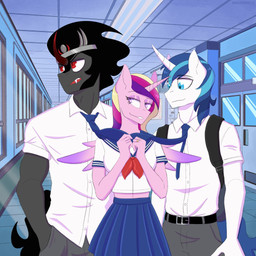 anthro anthrofied backpack beard belt black_hair blue_eyes blue_hair bottomwear bow_tie clothing eyelashes facial_hair female grey_body group hair hallway horn lidded_eyes male multicolored_hair pink_body purple_eyes red_eyes ribbons school_uniform skirt trio uniform white_body wings shallowwin friendship_is_magic hasbro my_little_pony mythology king_sombra_(mlp) princess_cadance_(mlp) shining_armor_(mlp) equid equine mammal mythological_creature mythological_equine unicorn winged_unicorn 1:1 2022 digital_media_(artwork) hi_res
