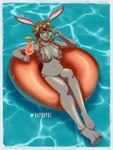 adjusting_glasses alcohol anklet anthro beach beverage bikini braided_hair brown_hair carrot clothing colored_fingernails colored_nails eyewear female fingernails floating food fur glasses green_eyes grey_body grey_fur hair inflatable inner_tube jewelry nails nipples pink_nipples plant rabbit_ears rabbit_feet seaside smile smiling_at_viewer solo summer sunglasses swimwear torc translucent translucent_clothing two-piece_swimsuit vegetable water baphomox liriel_thistlefoot_(pelorix) lagomorph leporid mammal rabbit 3:4 absurd_res hi_res