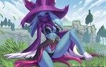 anthro blue_body breasts clothed clothing female fingers fur hat headgear headwear looking_at_viewer medium_breasts solo witch_hat alanscampos palworld pocketpair felid feline katress mammal pal_(species) 2024 hi_res