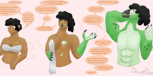 anthro beak black_hair blush brown_body brown_skin crossgender dialogue feathers female ftm_crossgender ftm_transformation gender_transformation green_body green_feathers growth hair male muscle_growth muscular muscular_male solo speech_bubble text transformation transformation_sequence willing_transformation dewodude avian bird human mammal absurd_res english_text hi_res