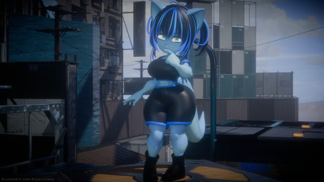 anthro big_breasts black_hair blue_hair bottomwear breasts clothing crop_top female footwear hair multicolored_hair outside shirt shoes shorts shortstack thick_thighs topwear two_tone_hair wide_hips cappyadams nekocap felid feline mammal 16:9 3d_(artwork) 4k absurd_res digital_media_(artwork) hi_res widescreen