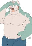 anthro bottomwear bulge clothing humanoid_hands kemono male navel nipples overweight overweight_male pants simple_background solo white_background jmeo1230 lifewonders tokyo_afterschool_summoners oguchi_magami_(tas) canid canine canis mammal wolf 2021