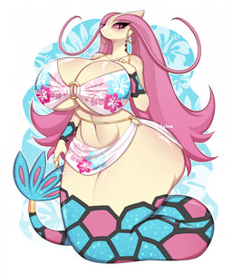 abs apode big_breasts bottomwear breasts cleavage clothed clothing ear_piercing ear_ring eyebrows eyelashes female glistening glistening_body hair hand_on_breast huge_breasts legless multicolored_body muscular muscular_female navel piercing pink_eyebrows pink_eyes pink_hair pokemorph ring_(jewelry) ring_piercing serpentine simple_background skirt solo white_background wide_hips vtalna1 nintendo pokemon draconcopode generation_3_pokemon milotic naga pokemon_(species) hi_res