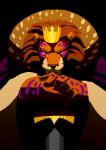 black_background clothed clothing corrupted crown frown fur headgear male markings melee_weapon orange_body orange_fur purple_eyes purple_markings simple_background sword weapon armello league_of_geeks the_king_(armello) felid lion mammal pantherine