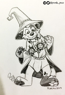 anthro barefoot blep cheek_tuft closed_smile clothed clothing dice facial_tuft feet floppy_ears front_view glistening glistening_eyes hat headgear headwear logo magic_user male male_anthro mouth_closed pawpads robe smile solo tongue tongue_out tuft pandapaco canid canine mammal 2019 artist_logo dated full-length_portrait monochrome portrait signature traditional_media_(artwork)