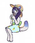 anthro beverage blue_hair bubble_tea clothing dress female green_eyes hair hat headgear headwear ribbons solo sun_hat sundress wide_brim_hat young young_anthro currypuppy rena_dyne felid mammal prehistoric_species saber-toothed_tiger smilodon