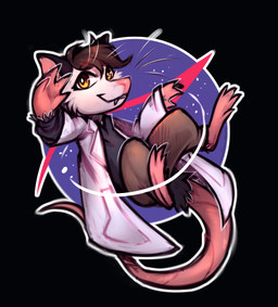 big_tail bottomwear chibi clothing coat fluffy hair lab_coat looking_at_viewer male nasa_logo pants shirt short_hair tail topwear yellow_eyes lonerdemiurge nasa american_opossum mammal marsupial absurd_res hi_res
