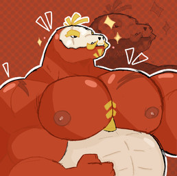anthro beard belly biceps big_belly big_muscles big_nipples big_pecs bone bone_mask eyebrows facial_hair facial_scar hair male mask musclegut muscular muscular_male mustache nipples overweight overweight_anthro overweight_male pecs scar skull skull_head skull_mask solo thick_eyebrows crococola nintendo pokemon francis_(crococola) fuecoco generation_9_pokemon pokemon_(species) hi_res