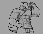 abs anthro big_muscles blush bottomwear clothed clothing male muscular muscular_anthro muscular_male raised_clothing raised_shirt raised_topwear shirt solo tank_top topwear dynogreeno largo_(dynogreeno) dinosaur prehistoric_species reptile scalie hi_res monochrome