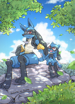 ambiguous_gender anthro blue_body blush cloud duo fur leaf multicolored_body open_mouth paws plant poffin red_eyes rock sharing sharing_food shrub sitting size_difference sky smile spikes spikes_(anatomy) tail tree yellow_body yellow_fur hakata_no_kuma nintendo pokemon generation_4_pokemon lucario pokemon_(species) riolu 2026 hi_res signature