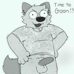 anthro balls bottomless clothed clothing ear_piercing erection genitals humanoid_genitalia humanoid_penis male navel open_mouth pantsless penis piercing shirt solo tail text topwear ohmygoditguppy william_(ohmygoditguppy) 1:1 2025 english_text hi_res monochrome