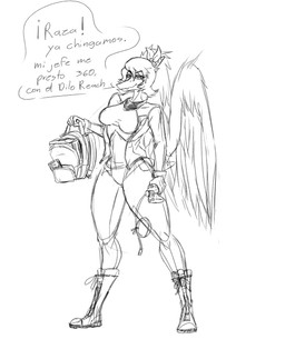 5_fingers anthro back_wings backpack bone_frill boots bow_(feature) breasts clothing controller curvy_figure dialogue feathered_wings feathers female fingers footwear frill_(anatomy) jacket looking_at_viewer shoes short_tail smile snout solo tail talking_to_viewer text thick_thighs topwear wings catccoonsfw115 cavemanon_studios snoot_game amber_(snoot_game) prehistoric_species pterosaur reptile scalie 2024 absurd_res hi_res monochrome spanish_text translated