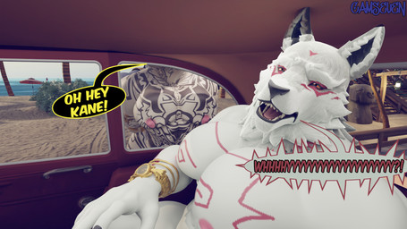against_car against_surface against_vehicle against_window anthro asking_why black_nose car car_interior chest_tattoo dialogue duo fur male nipples on_glass open_mouth pec_squish pecs pink_nipples solo_focus speech_bubble talking_to_another tattoo teeth vehicle white_body white_fur camseven epic_games fortnite fletcher_kane meowdas canid canine canis domestic_cat felid feline felis mammal wolf 16:9 3d_(artwork) digital_media_(artwork) hi_res widescreen