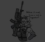 anthro armor assault_rifle clothing cute_fangs dialogue fangs female grenade_launcher gun hair hand_on_hip looking_at_viewer m16 m203 ranged_weapon rifle shirt simple_background smile smiling_at_viewer solo teeth tied_hair topwear weapon sketchytoasty half-life valve pepper_(sketchytoasty) canid canine fox mammal monochrome