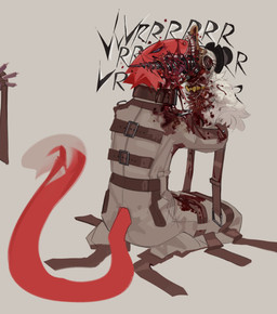 anthro blood blood_in_mouth blood_on_face blood_splatter bodily_fluids drill gore gore_focus kissing male restraints self-harm straitjacket raptoral outlast doctor_futterman raptoral_(character) sergal hi_res