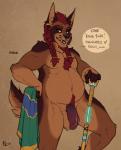 2017 anthro balls biped braided_hair canid canine canis circumcised conditional_dnp dialogue digital_media_(artwork) english_text flaccid fluff-kevlar genitals hair jackal male mammal mature_male nude penis pubes red_hair sabir_(fluff-kevlar) simple_background solo text