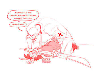antennae_(anatomy) bald blush bodily_fluids claws clothing coat dialogue drooling drooling_tongue duo ear_blush egg erection erection_under_clothing eyewear fingers genitals glasses humanoid_pointy_ears insect_wings lab_coat large_weapon long_nose long_tongue looming looming_over male male/male male_human medical_instrument necktie nodding_head obscured_eyes oviposition ovipositor pinned pinned_arms pinned_by_weapon pinned_to_ground pointy_ears pointy_nose saliva scalpel scientific_instrument sharp_teeth size_difference smile speech_bubble surgical_instrument sweat sweatdrop teeth text tongue topwear wings onemillionfurries arc_system_works guilty_gear dr._baldhead_(guilty_gear) faust_(guilty_gear) todd_(onemillionfurries) animal_humanoid arthropod arthropod_humanoid human humanoid insect insect_humanoid lepidopteran lepidopteran_humanoid mammal moth moth_humanoid absurd_res digital_media_(artwork) english_text hi_res sketch url