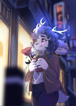 anthro antlers bottomwear city clothing container cup evening flower glowing horn male outside pants plant snowsietiger hawthorn_(delta) deer mammal hi_res