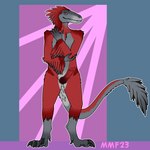 anthro feathers feet knot looking_at_viewer male solo standing talons toes mechanical_monster_factory dinosaur dromaeosaurid prehistoric_species pyroraptor reptile scalie theropod 1:1 absurd_res hi_res