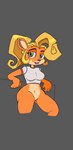 anthro biped blonde_hair bottomless breasts clothed clothing countershading curled_hair featureless_crotch female green_eyes grey_background hair half-closed_eyes looking_at_viewer narrowed_eyes orange_body simple_background solo kribosuprahstah activision crash_bandicoot_(series) coco_bandicoot bandicoot mammal marsupial digital_media_(artwork) hi_res portrait three-quarter_portrait