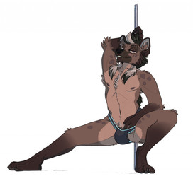 anthro black_penis brown_body brown_fur bulge chest_tuft clothed clothing dancing eye_scar facial_scar fur genitals jockstrap male mostly_nude penis penis_base pole pole_dancing scar skimpy smile solo tuft underwear mlice hyena mammal spotted_hyena hi_res